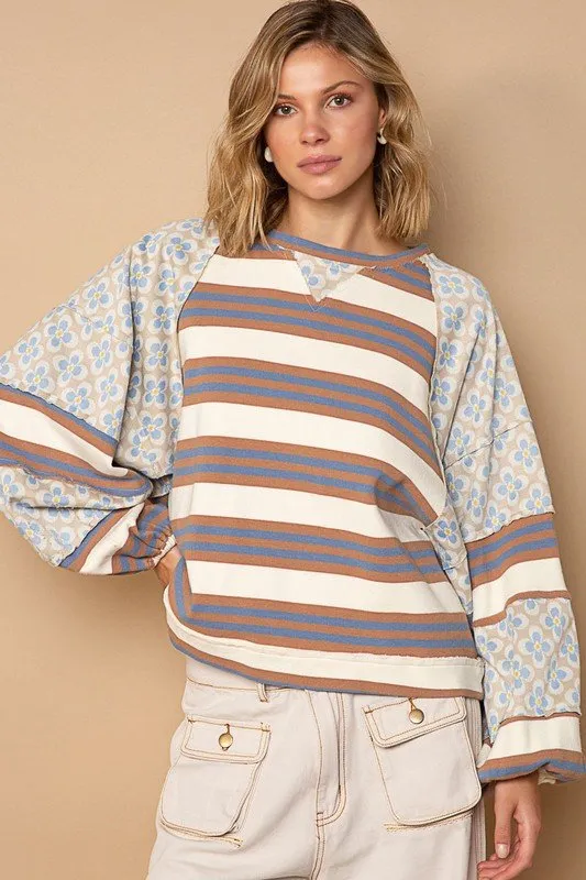 Women's Color Matching Printed Top Loose Long Sleeve Light Brown - Shop at LoveMi