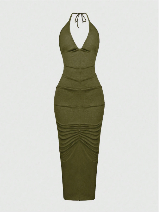 Deep V-neck Pleated Backless Lace-up Hip Dress