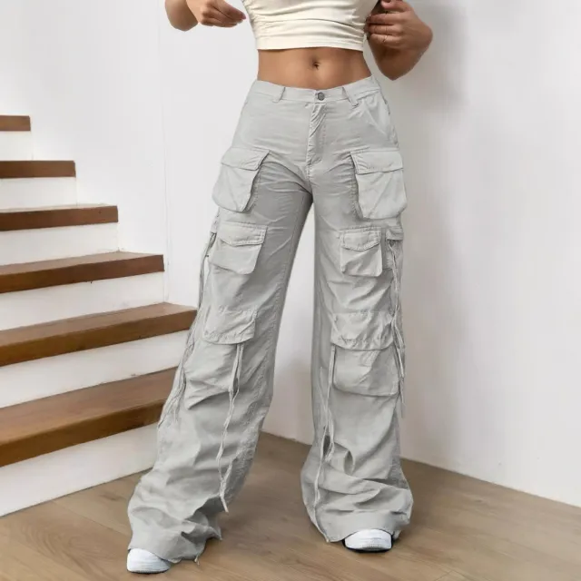 Functional American Multi pocket High Street Wide leg Casual Pants Light Gray - Shop at LoveMi