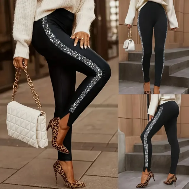 Women's All match Solid Color Sequin Patchwork Slit Leggings Black - Shop at LoveMi