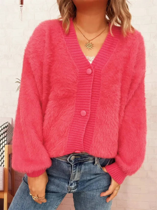 Leisure Commute V neck Solid Color Coat Sweater Watermelon Red - Shop at LoveMi