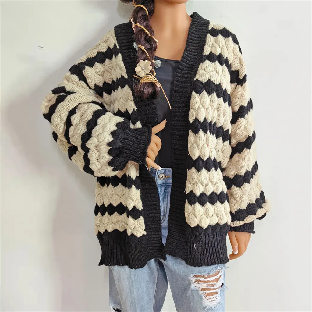 Women's Clothing Warm Cardigan Sweater - M650 Stripes-L