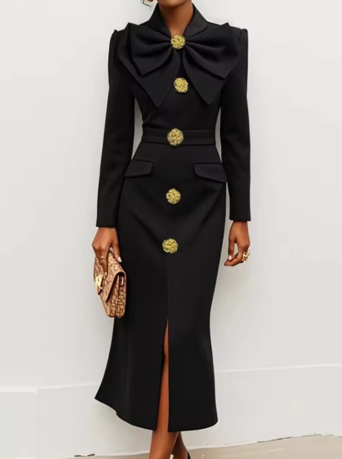 Big Bowknot Design Sense Socialite Half Turtleneck Waist Slit Dress