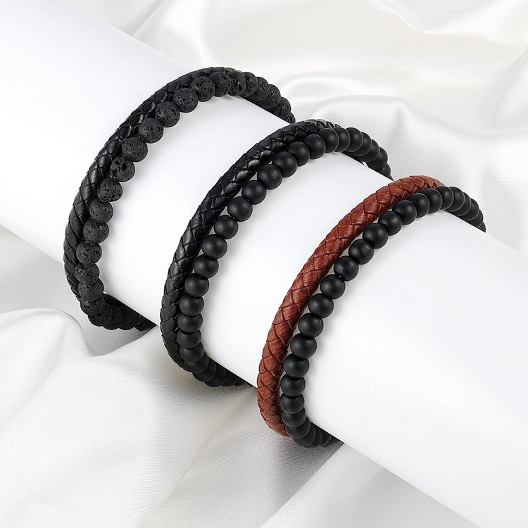 Titanium Steel Leather Rope Bracelet String Beads Hand-woven