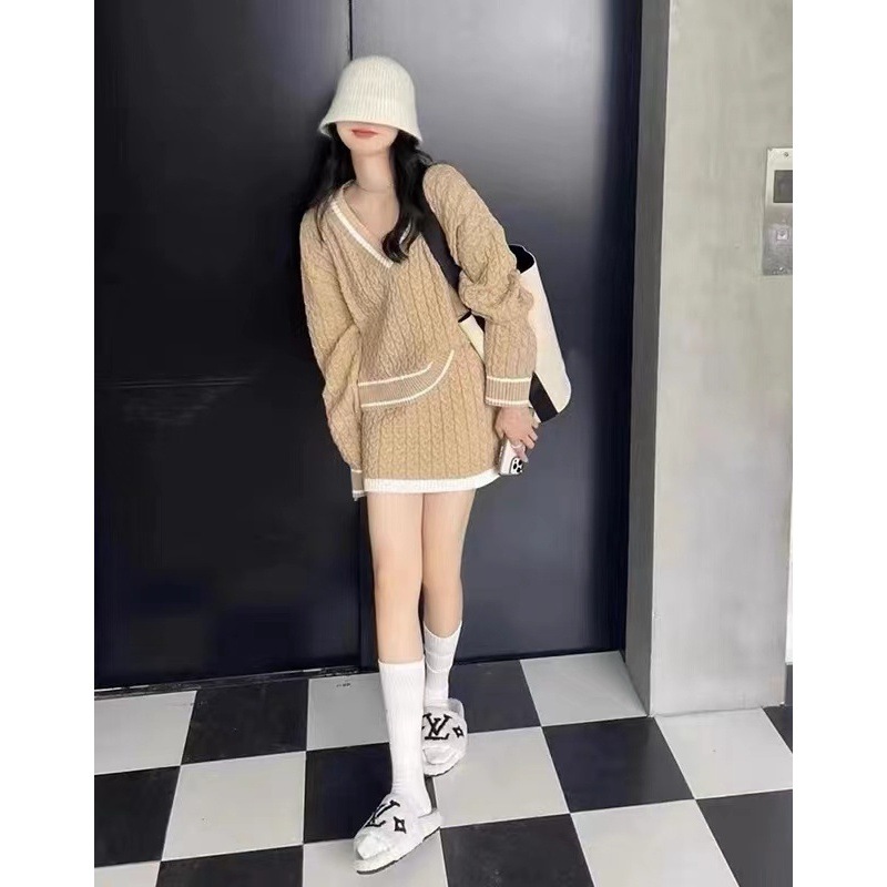 Autumn Winter Retro Contrast Color Hemp Pattern Sweater Skirt Two-piece Set For Women