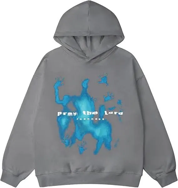Hip Hop Street Graffiti Hoodie Retro Casual Sports Brushed Hoody Gray - Shop at LoveMi