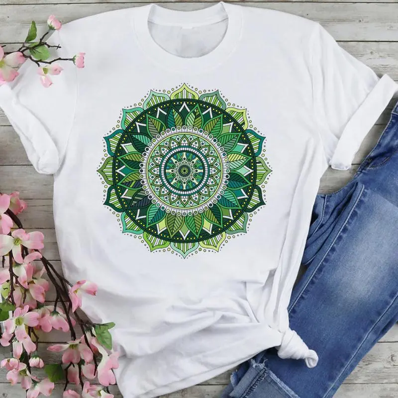 T-shirt Women's Printed Short Sleeve Datura Flower Floral Print White Round Neck - J25596