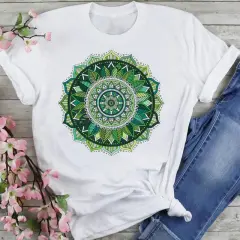 T-shirt Women's Printed Short Sleeve Datura Flower Floral Print White Round Neck - J25596 - View 1