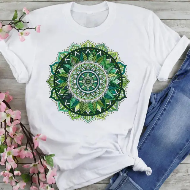 T shirt Women's Printed Short Sleeve Datura Flower Floral Print White Round Neck J25596 - Shop at LoveMi
