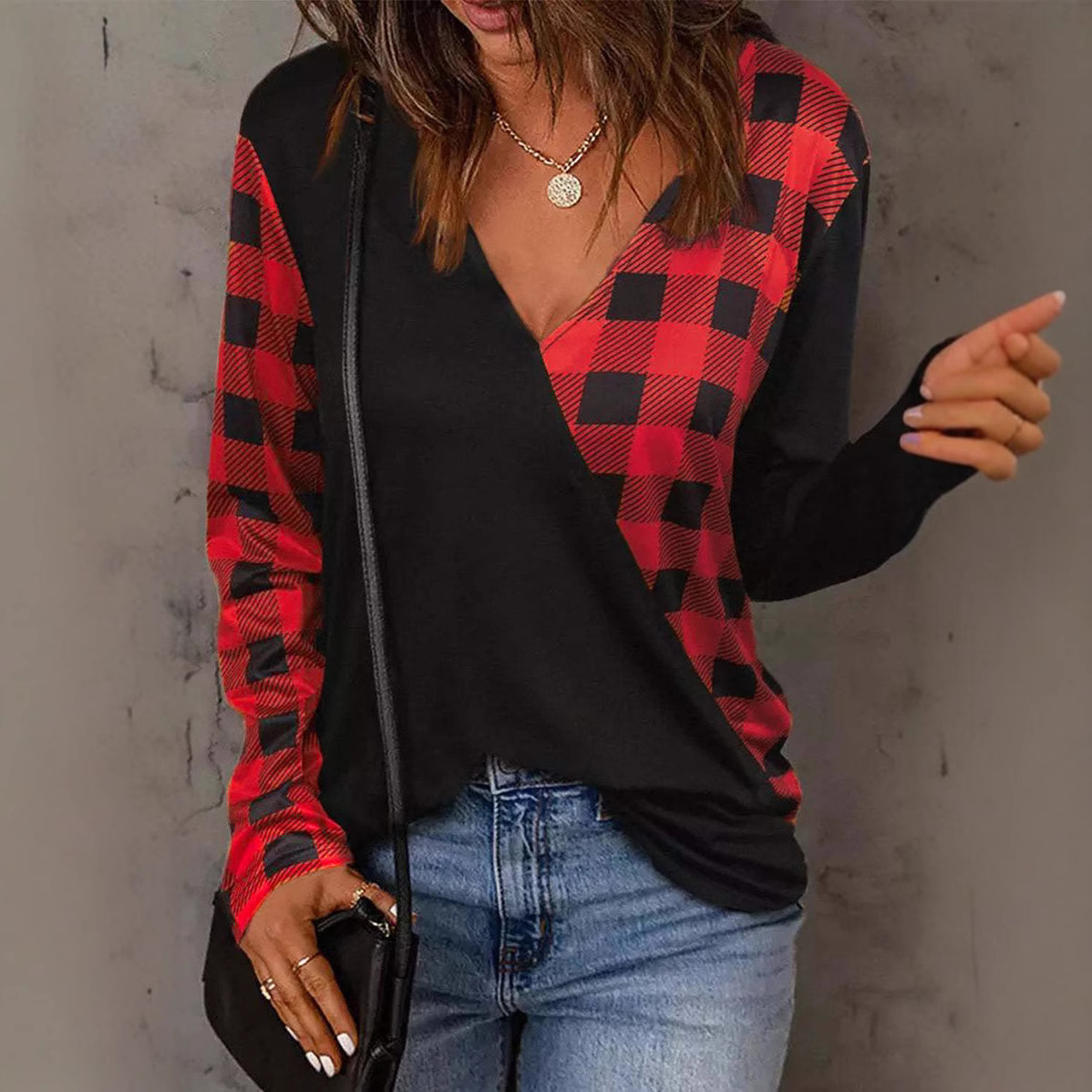 Long-sleeve Plaid Contrast-color Casual Womens Wear