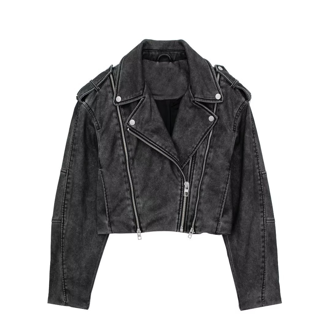 Women's Clothing Distressed Effect Imitation Leather Motorcycle Jacket Coat - Image 6