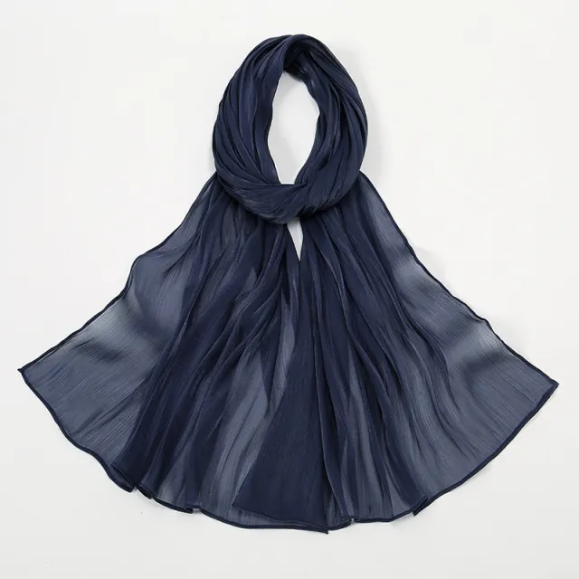 Breathable Bright Silk Chiffon Island Wrinkle Scarf Solid Color 3 Navy Blue - Shop at LoveMi