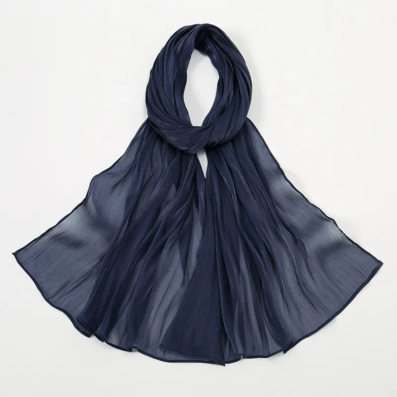 Breathable Bright Silk Chiffon Island Wrinkle Scarf Solid Color - 3 Navy Blue