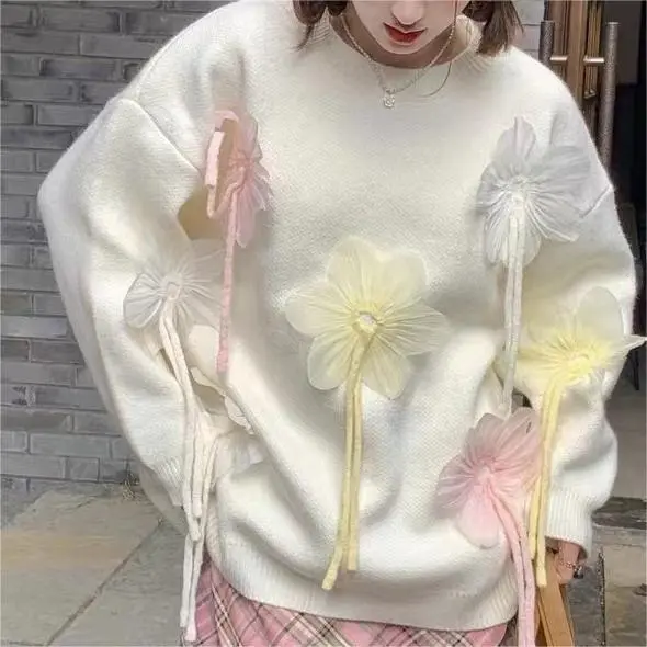 Heavy Industry Three dimensional Flower Sweater White - Shop at LoveMi