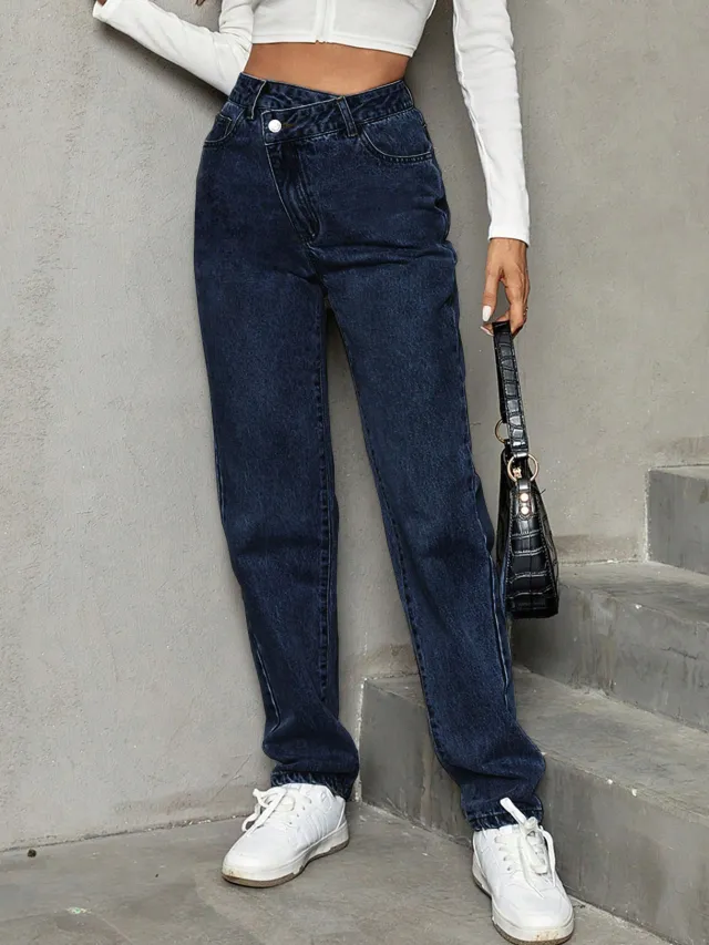 Fashion Trendy And Thin Looking Casual High Waist Loose Denim Trousers Garment Wash Dark Blue - Shop at LoveMi