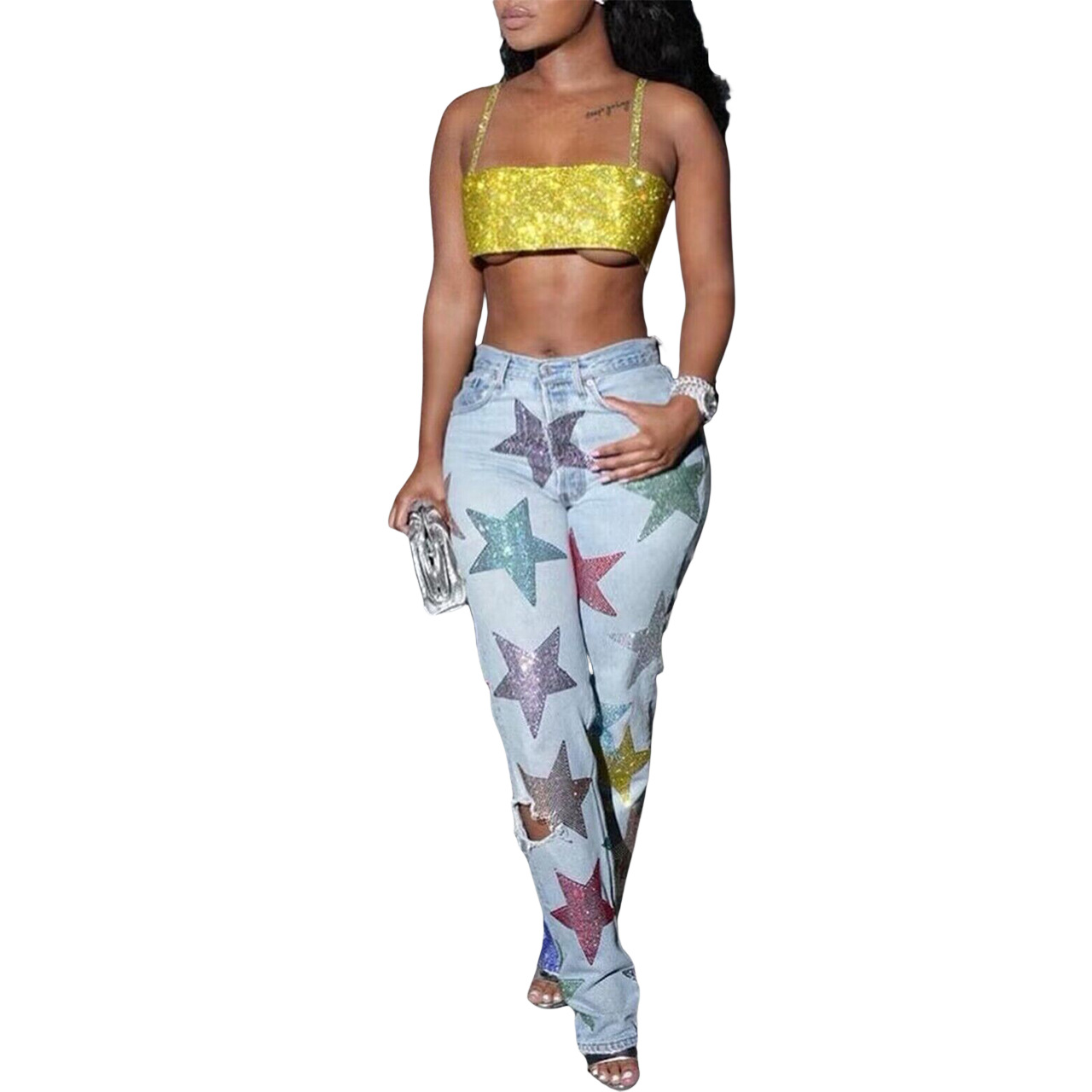 Denim Trousers Sequined Printed Ripped Five pointed Star Jeans Light Blue - Shop at LoveMi
