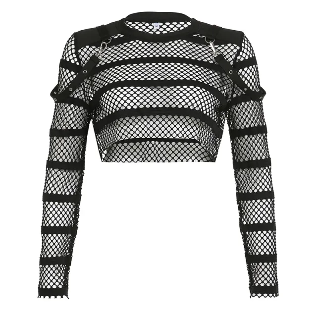 Dark Style Pure Black Mesh Long Sleeve Blouse Black - Shop at LoveMi