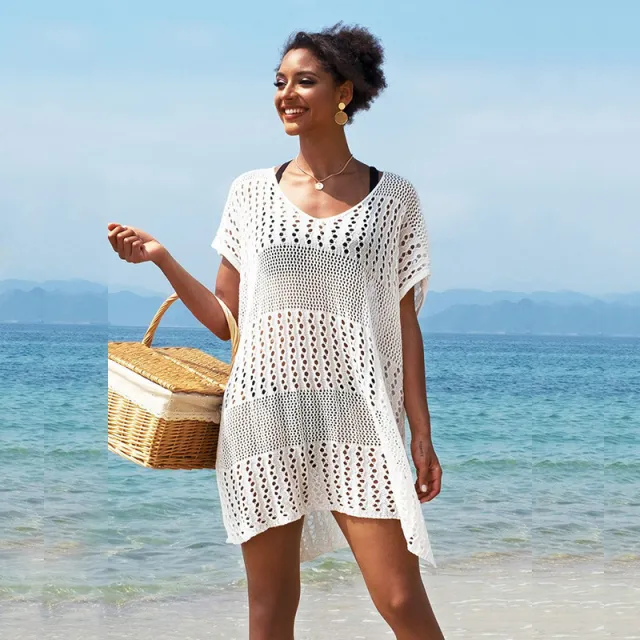 Irregular Knitting Cutout Beach Vacation Bikini Blouse White - Shop at LoveMi