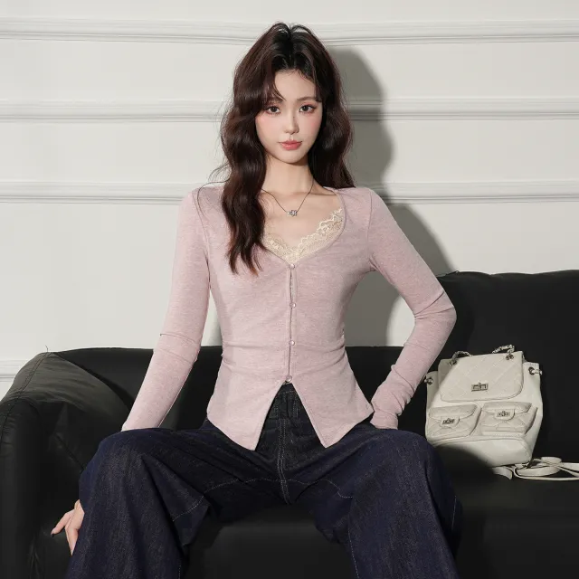 Women's Fake Two piece V neck Long sleeved Top Pink - Shop at LoveMi