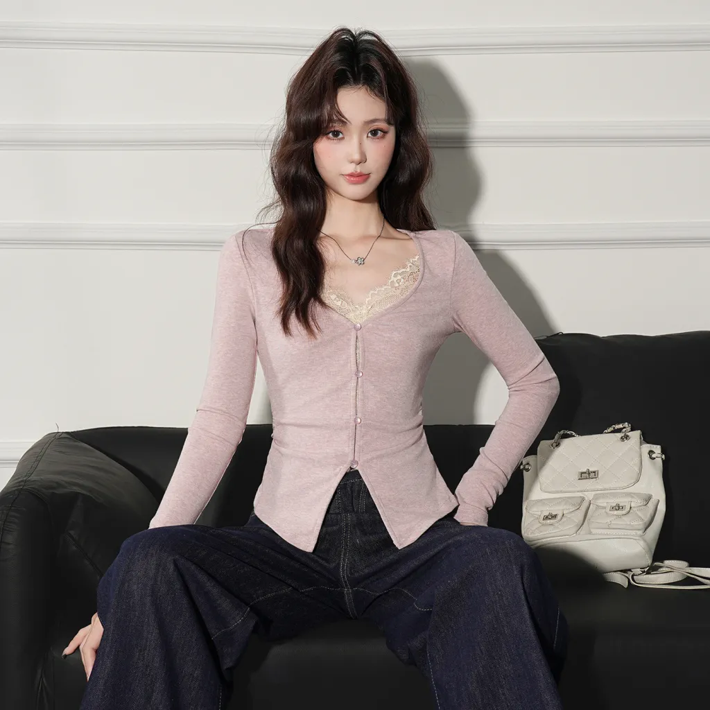 Women's Fake Two-piece V-neck Long-sleeved Top - Pink