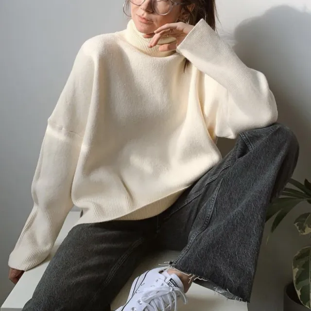 Women's Multi color Turtleneck Solid Color Sweater Loose Pullover Stand Collar White - Shop at LoveMi