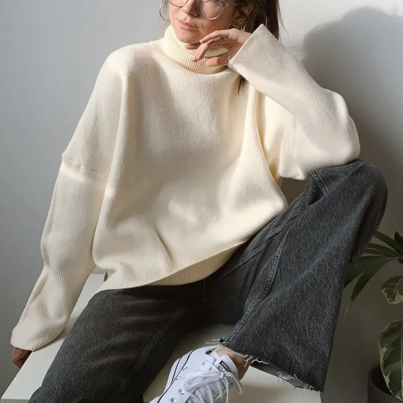 Women's Multi-color Turtleneck Solid Color Sweater Loose Pullover Stand Collar - White