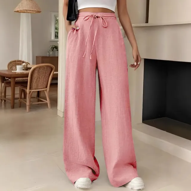 European And American Women's Clothing Casual Wide Leg Lace up Pocket Casual Pants Pink - Shop at LoveMi
