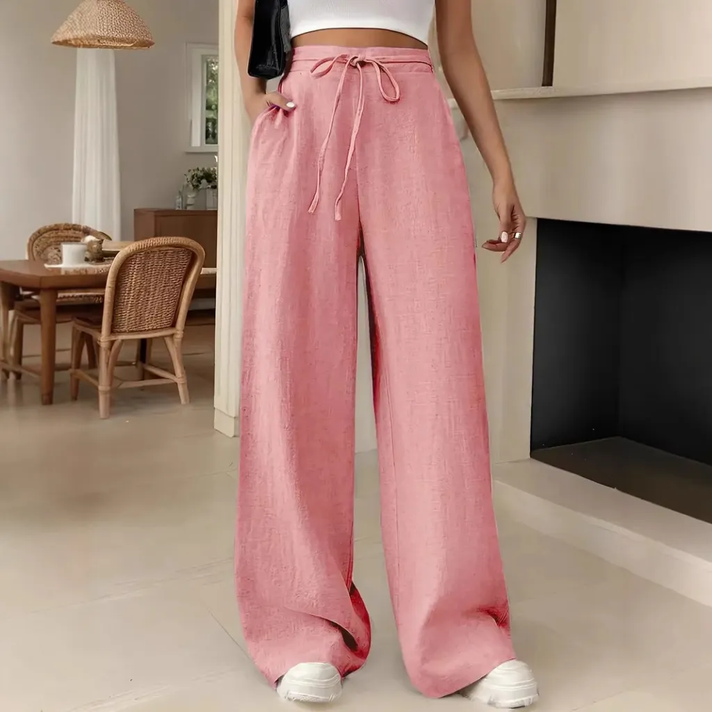 European And American Women's Clothing Casual Wide Leg Lace-up Pocket Casual Pants - Pink