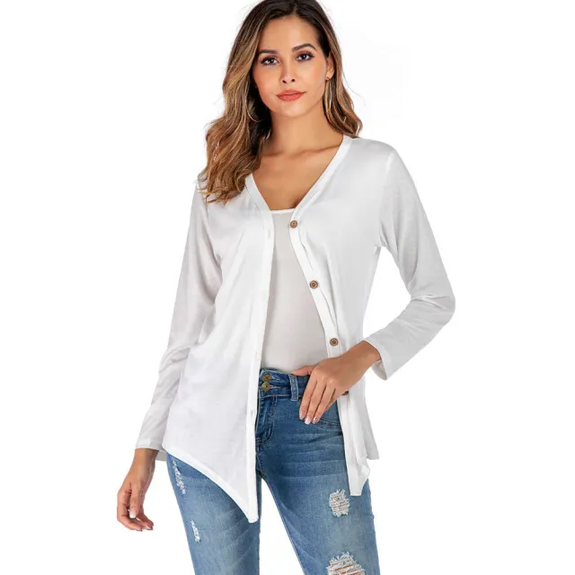 Women's V neck Button Long sleeved Cardigan T shirt Bottoming Shirt White - Shop at LoveMi