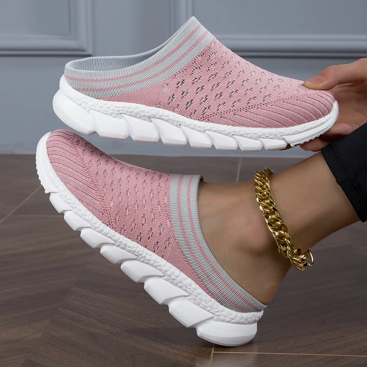 Breathable Flyknit Socks Semi Slipper Women's Shoes Lightweight Casual