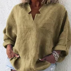 Solid Color Cotton And Linen Plus Size Long Sleeve Pullover Urban Leisure Mid-length V-neck Shirt - View 1