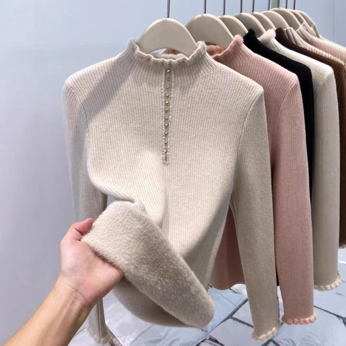 Autumn Winter One-Piece Fleece-Lined Oversized Mock-Neck Pullover Thermal Base Top