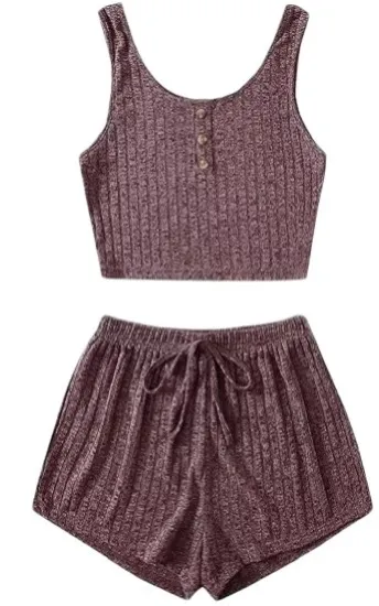 Women's Fashion Slim Fit Vest Shorts Set Dark Red - Shop at LoveMi