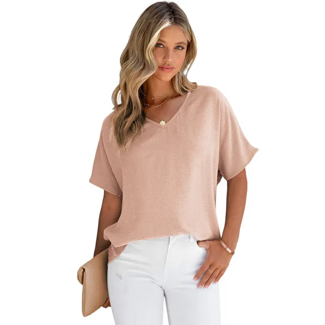 Leisure All matching Solid Color T shirt Loose Pullover V neck Short sleeved Top Pink - Shop at LoveMi