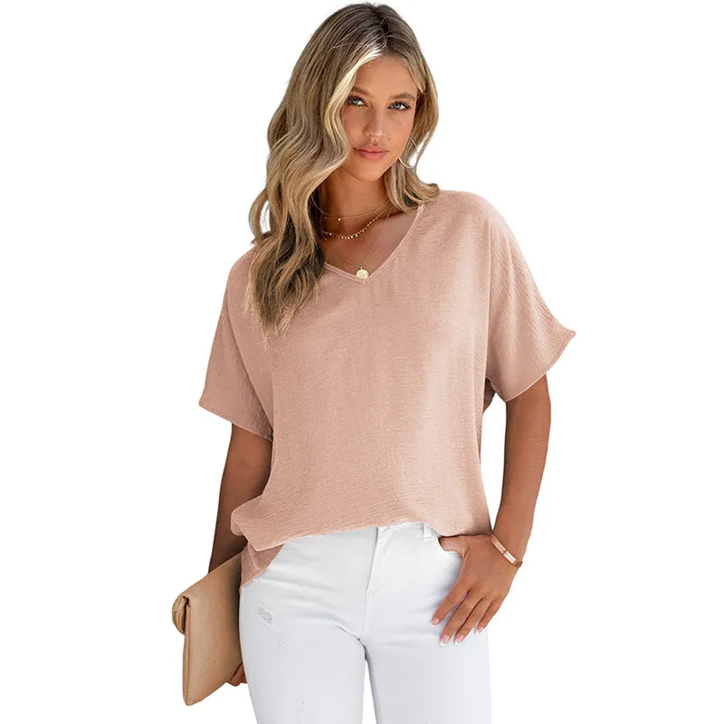 Leisure All-matching Solid Colour T-shirt Loose Pullover V-neck Short-sleeved Top - Pink