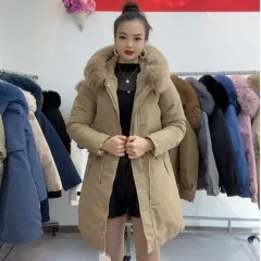 Women's Hooded Fleece Lined Padded Warm Keeping Big Fur Collar - Khaki - View 1