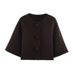 Feng New Womens Fashionable Casual Knitted Short Jacket - Coffee - View 1