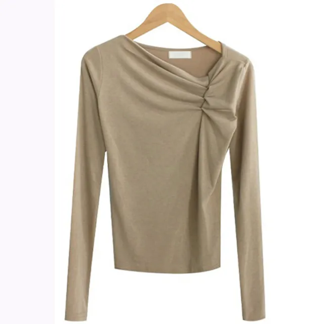 Diagonal Collar Long Sleeved Fitted T shirt Base Solid Color Top Khaki - Shop at LoveMi