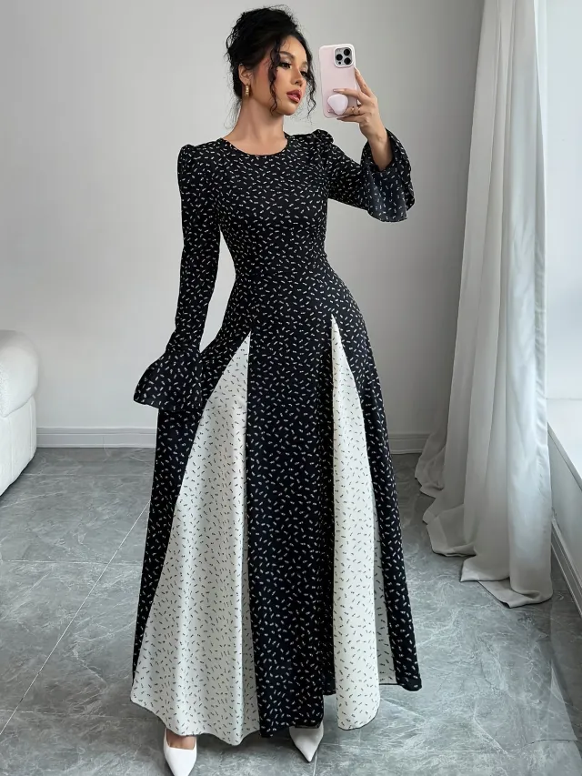 Black And White Patchwork Print Slim waist Flared Sleeve Long Dress Main Black - Shop at LoveMi