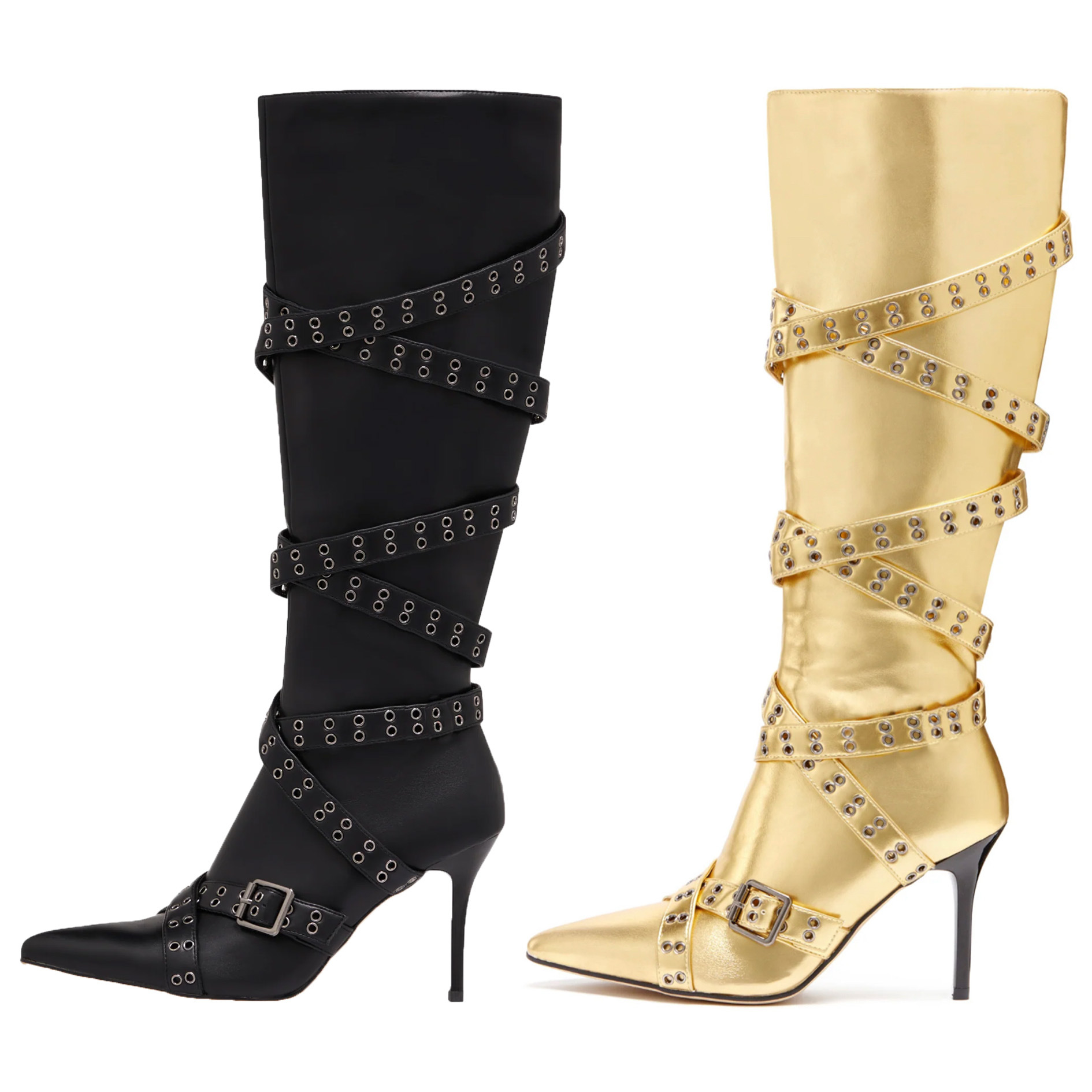 Strap-detail Pointed-toe Studded High-heeled Over-the-knee Boots For Women