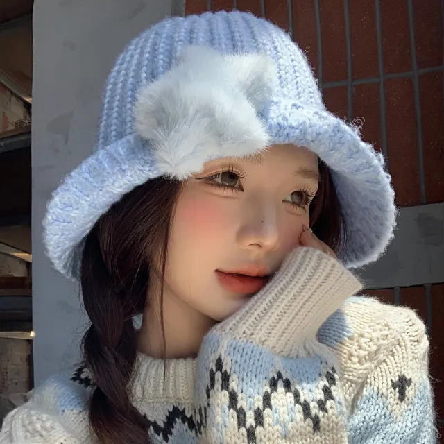 Korean style Cute Plush Star Knitted Bucket Hat Blue - Shop at LoveMi