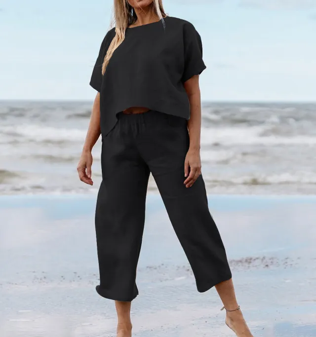 New Casual Large Size Suit Loose Solid Color Short Sleeve Shirt Trousers Black - Shop at LoveMi