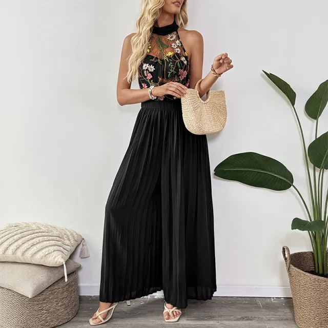 Halter Sleeveless Lace Embroidery Stitching Wide Leg Jumpsuit Black - Shop at LoveMi