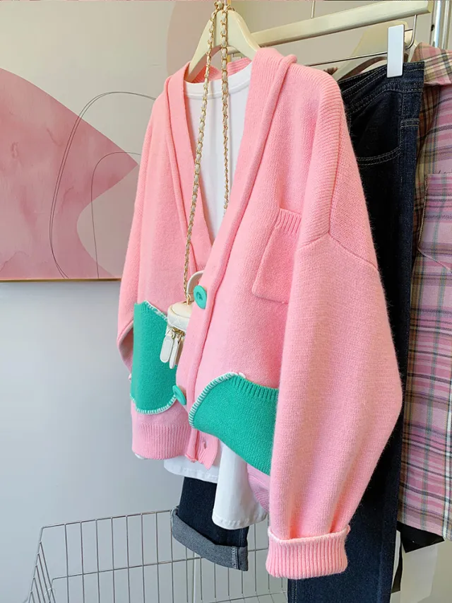 Women's V neck Sweater Cardigan Thickened Knitted Coat Pink - Shop at LoveMi