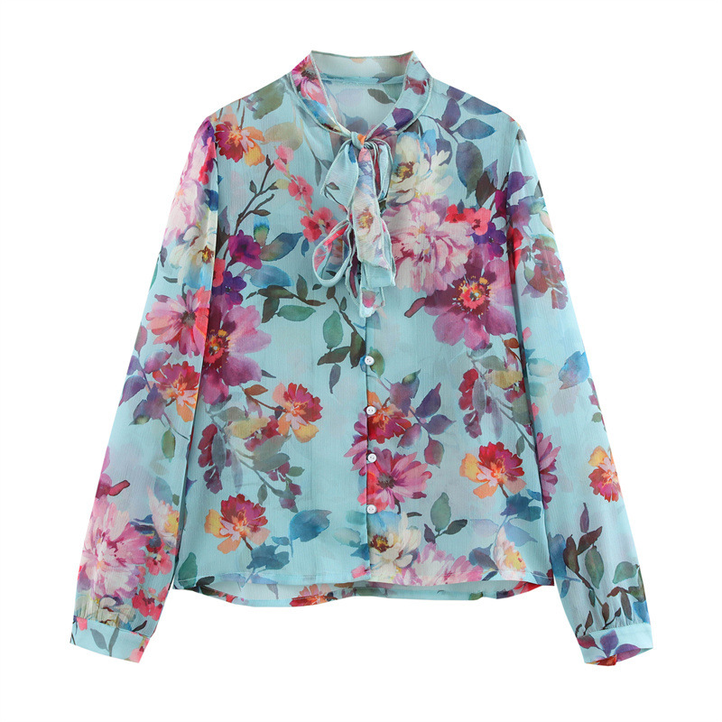 European And American Style Bowknot Decoration Printed Shirt Picture Color L - Shop at LoveMi