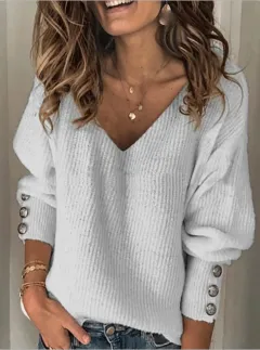 All-match Knitted V-neck Loose Long-sleeved T-shirt - Light Gray - View 1