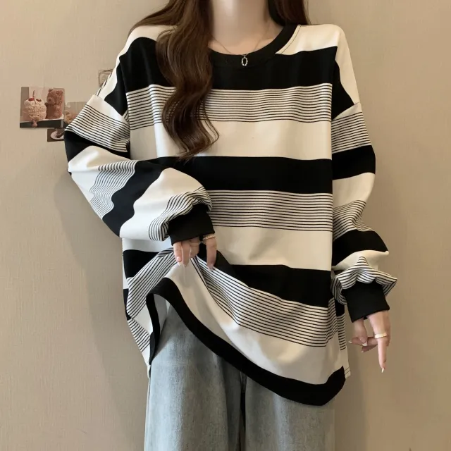 Vintage Stripe Thin Sweater Women's Loose Top Black - Shop at LoveMi