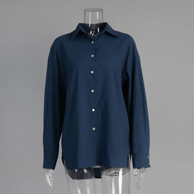 Casual Solid color Minimalist Loose fit Shirt Navy - Shop at LoveMi