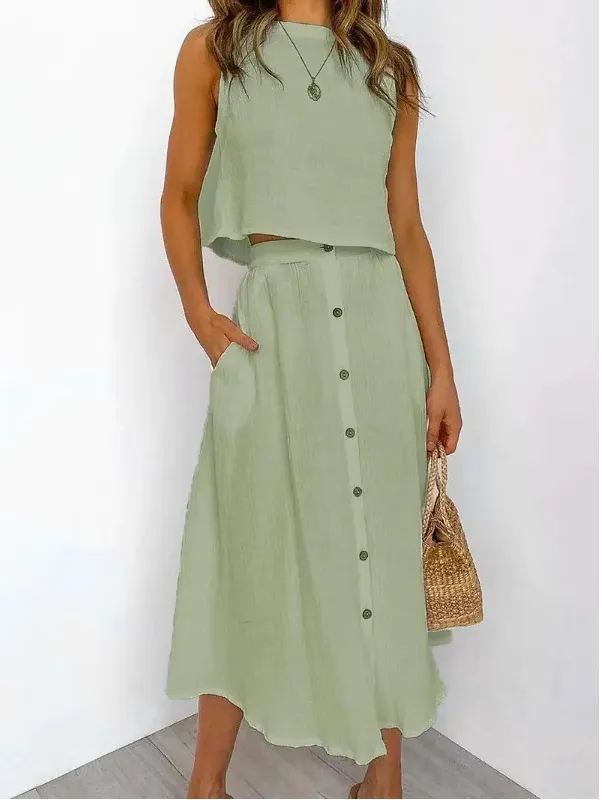 Women's Fashionable Simple Round Neck Vest Shirt Mid length Dress Two piece Suit Green - Shop at LoveMi