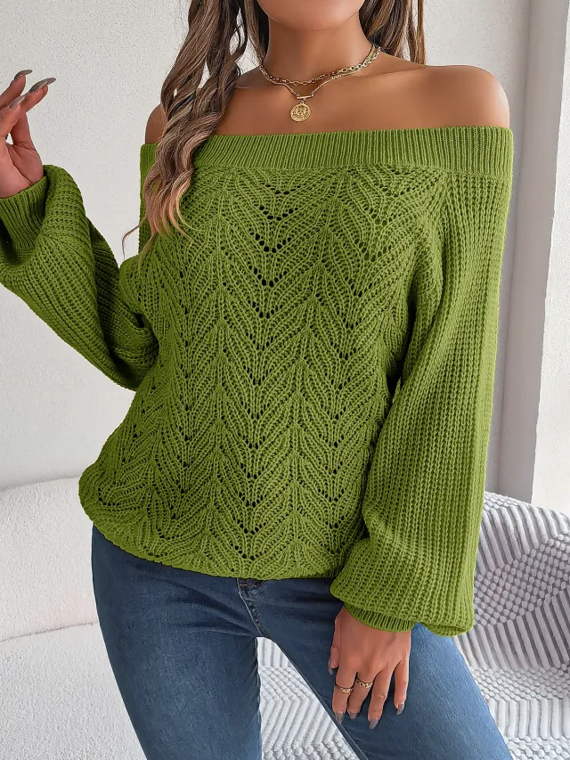 Leisure Solid Color Hollow out Off neck Off the shoulder Lantern Sleeve Sweater Green - Shop at LoveMi